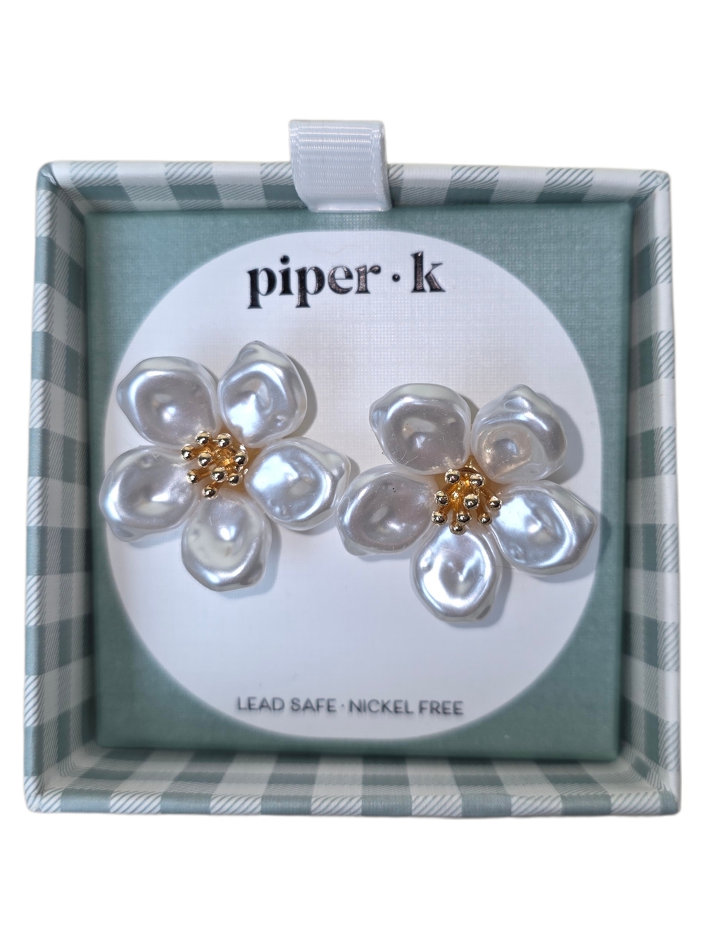 Piper White Pearlescent  Flower Stud Earrings with Beaded Gold Tone Centers